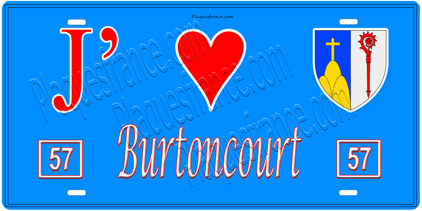 Plaque métal décorative, J'❤️Burtoncourt, Moselle, fond mur bleu 57