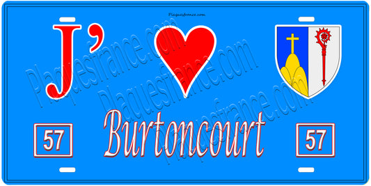 Plaque métal décorative, J'❤️Burtoncourt, Moselle, fond mur bleu 57