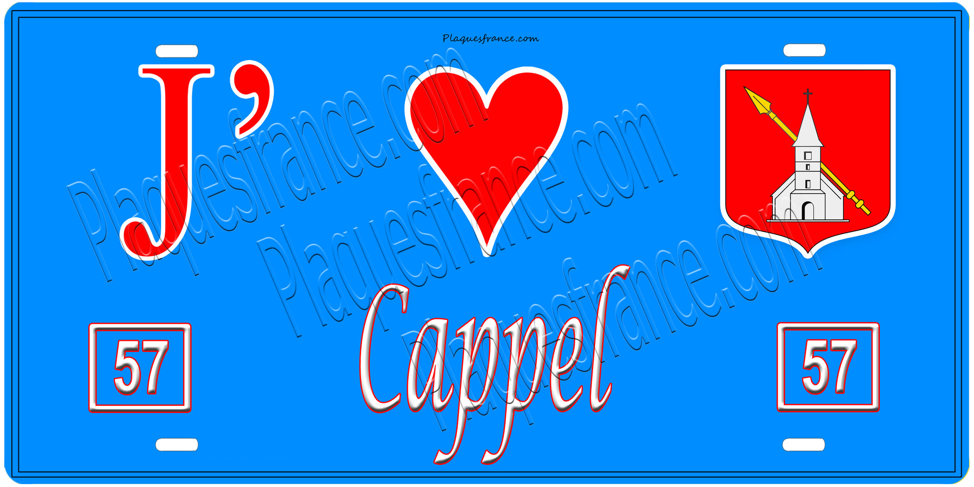 Plaque métal décorative, J'❤️ Cappel, Moselle, fond mur bleu 57