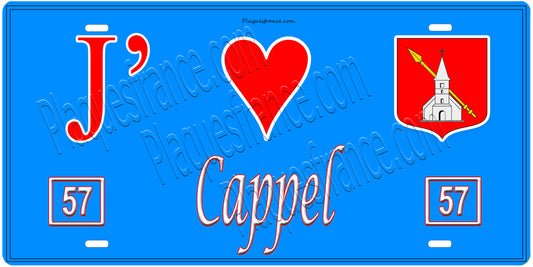 Plaque métal décorative, J'❤️ Cappel, Moselle, fond mur bleu 57