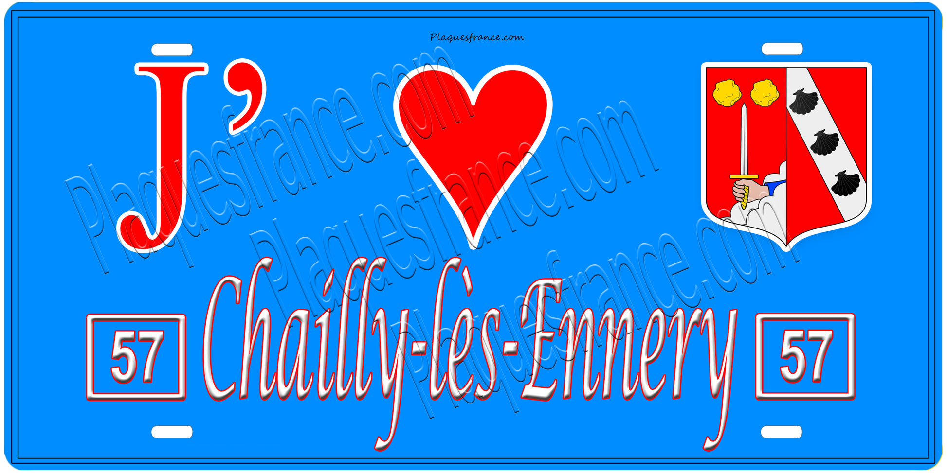 Plaque métal décorative, J'❤️Chailly-lès-Ennery, Moselle, fond mur bleu 57