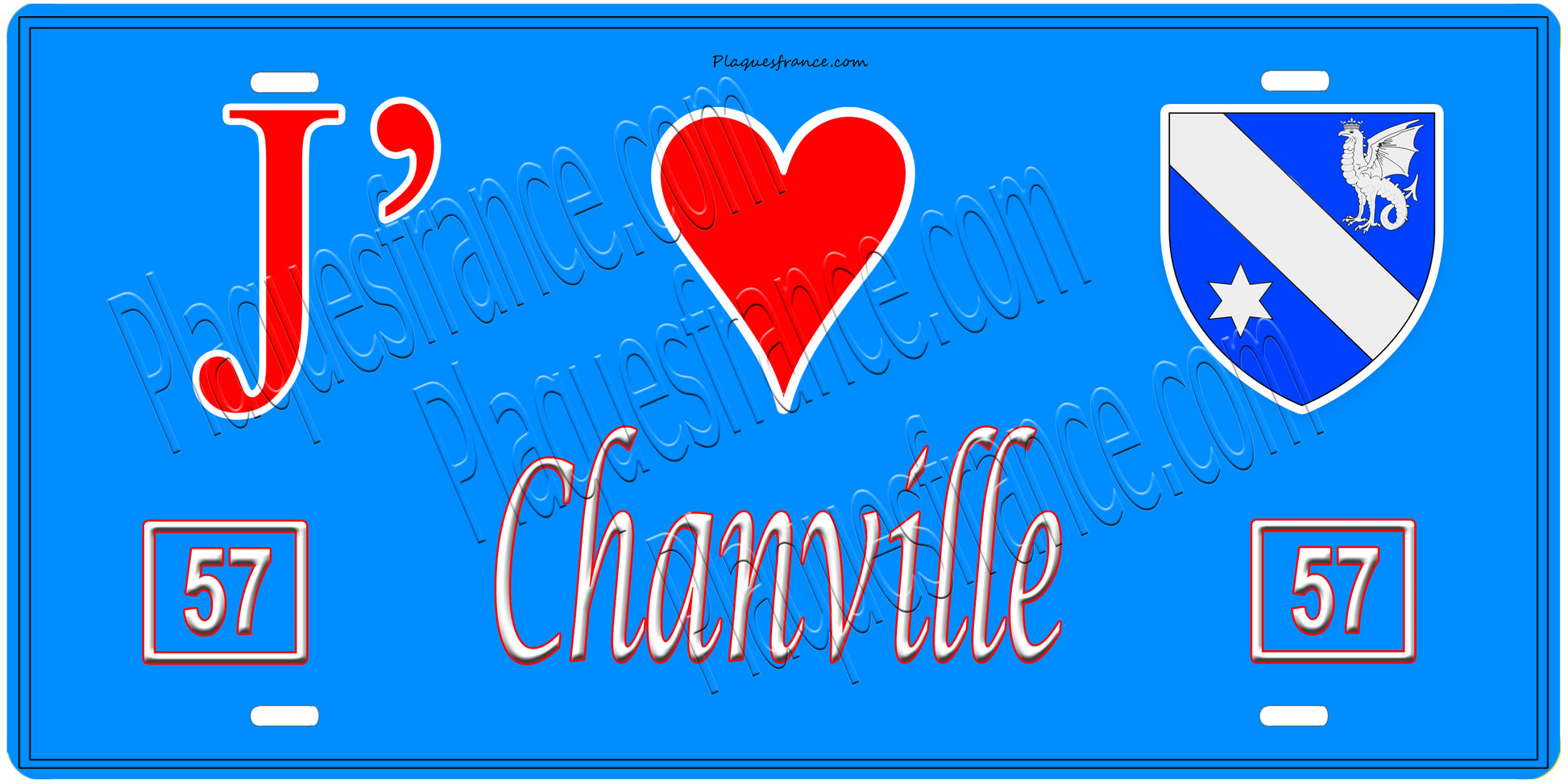 Plaque métal décorative, J'❤️Chanville, Moselle, fond mur bleu 57