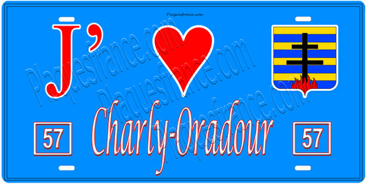 Plaque métal décorative, J'❤️Charly-Oradour, Moselle, fond mur bleu 57