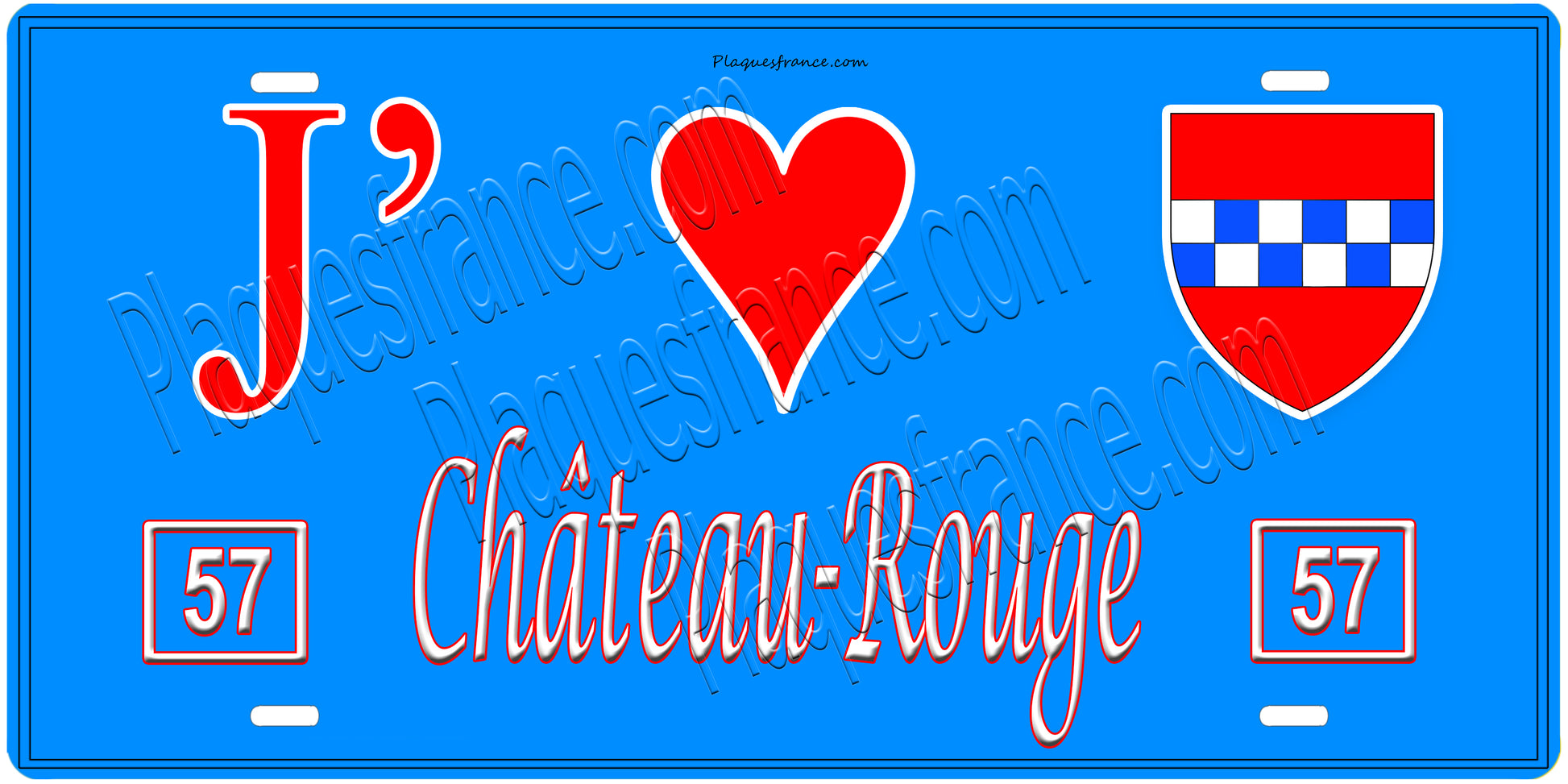 Plaque métal décorative, J'❤️ Château-Rouge, Moselle, fond mur bleu 57
