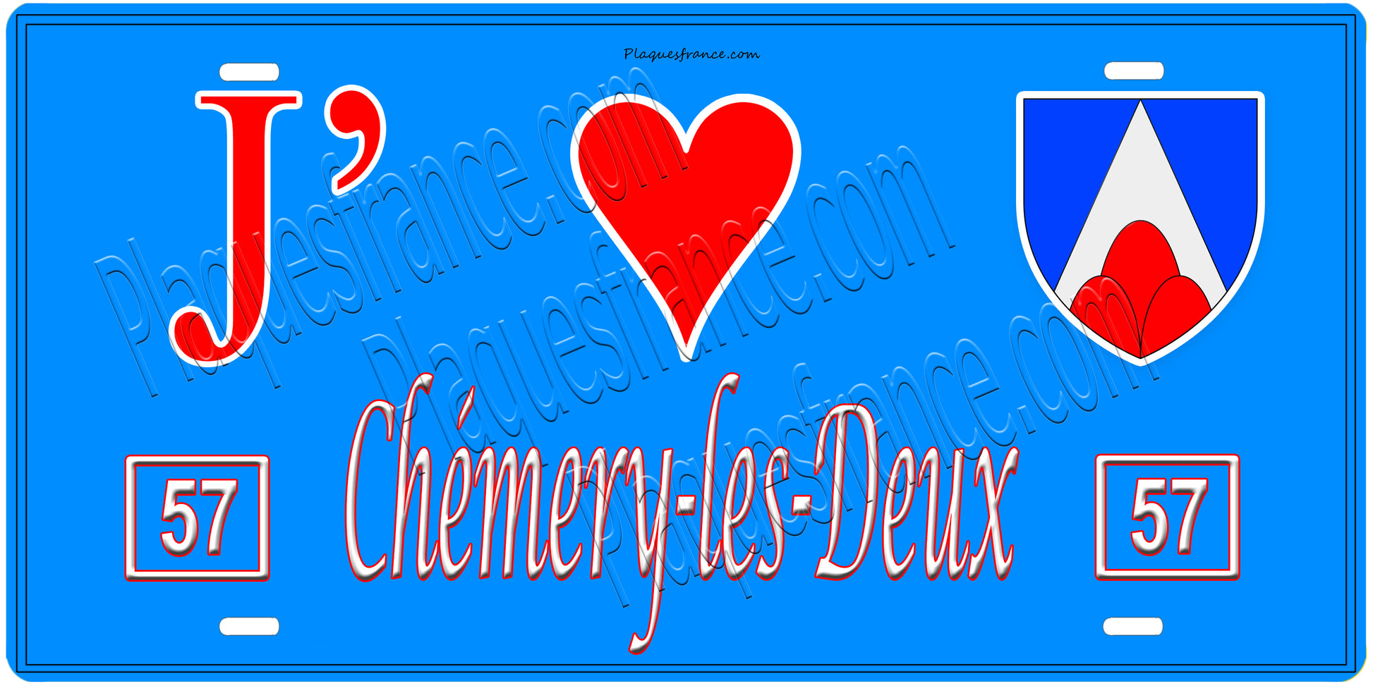 Plaque métal décorative, J'❤️ Chémery-les-Deux, Moselle, fond mur bleu 57