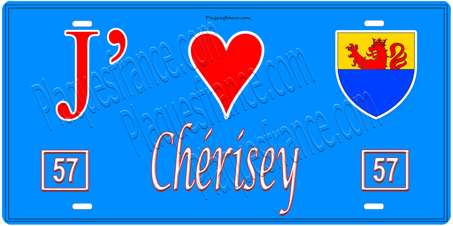 Plaque métal décorative, J'❤️Chérisey, Moselle, fond mur bleu 57