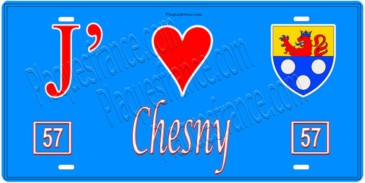 Plaque métal décorative, J'❤️Chesny, Moselle, fond mur bleu 57