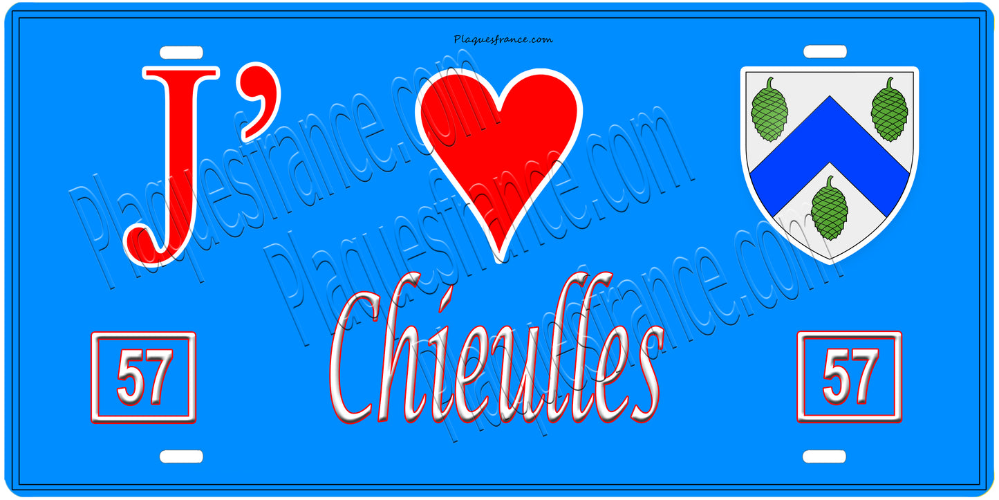 Plaque métal décorative, J'❤️Chieulles, Moselle, fond mur bleu 57