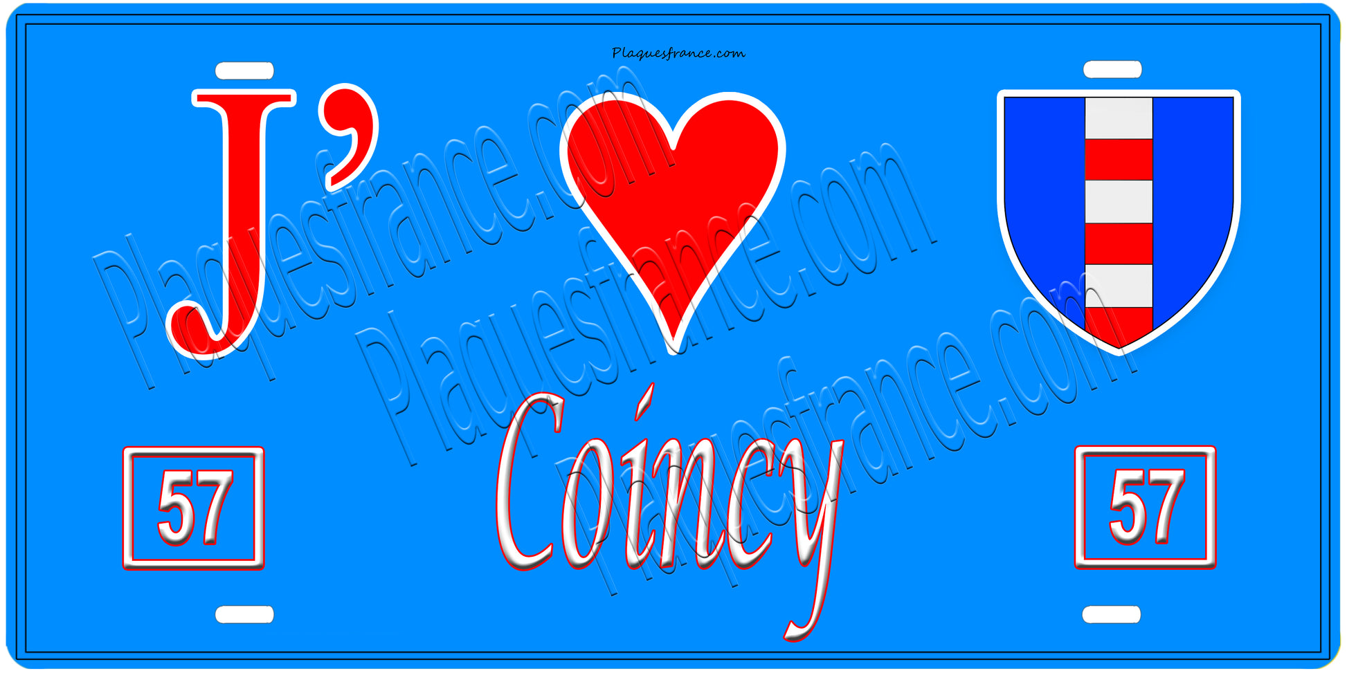 Plaque métal décorative, J'❤️Coincy, Moselle, fond mur bleu 57