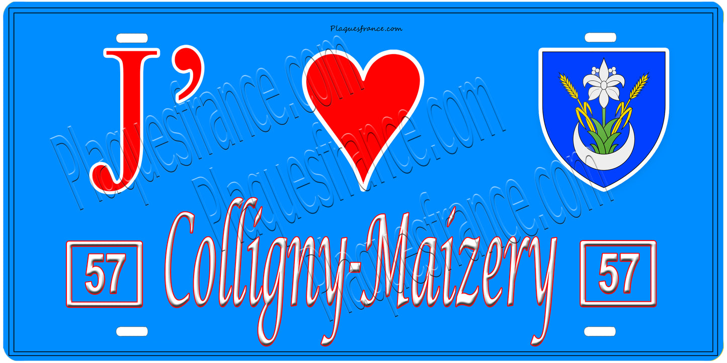 Plaque métal décorative, J'❤️Colligny-Maizery, Moselle, fond mur bleu 57