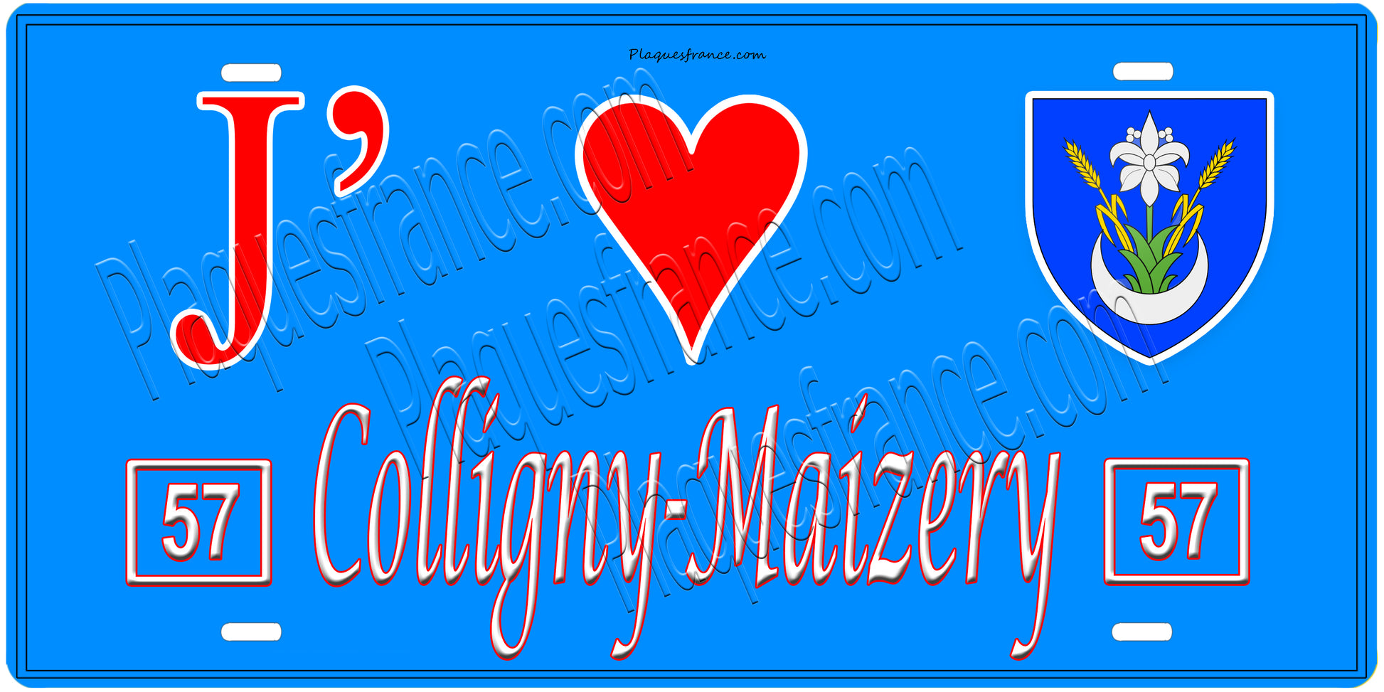 Plaque métal décorative, J'❤️Colligny-Maizery, Moselle, fond mur bleu 57