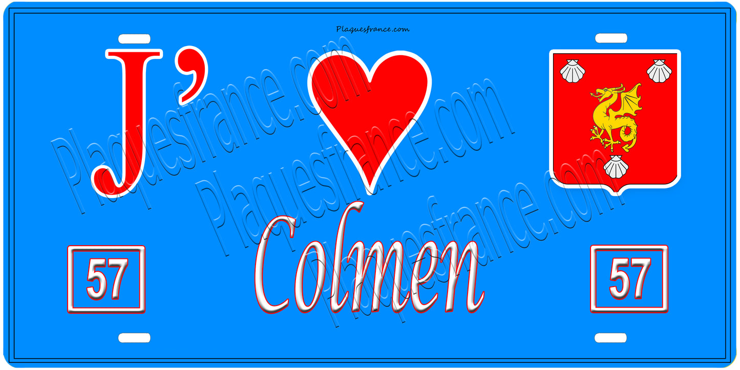 Plaque métal décorative, J'❤️ Colmen, Moselle, fond mur bleu 57
