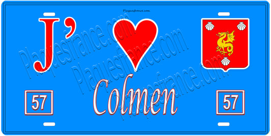Plaque métal décorative, J'❤️ Colmen, Moselle, fond mur bleu 57