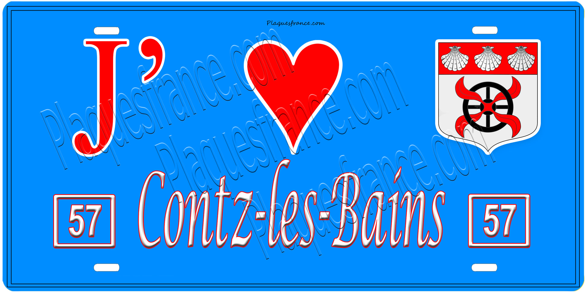 Plaque métal décorative, J'❤️ Contz-les-Bains, Moselle, fond mur bleu 57