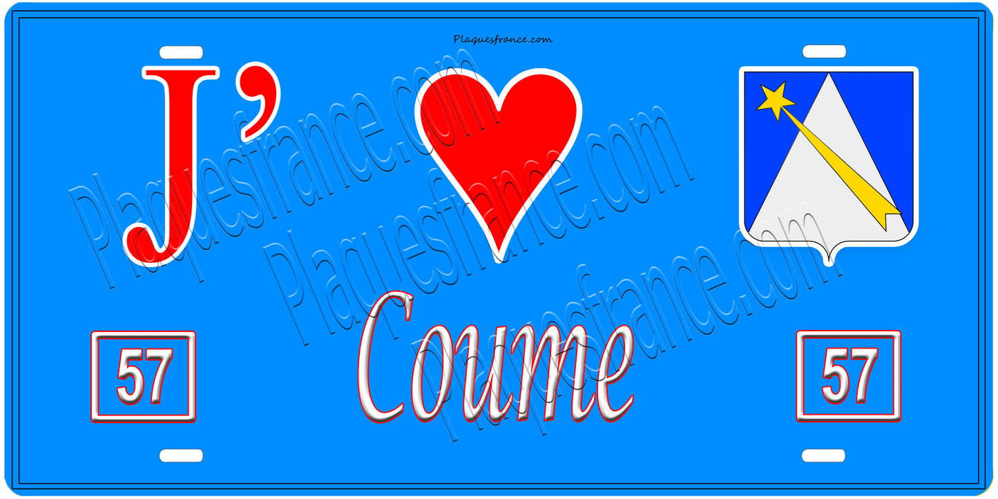 Plaque métal décorative, J'❤️ Coume, Moselle, fond mur bleu 57
