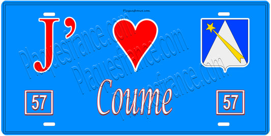 Plaque métal décorative, J'❤️ Coume, Moselle, fond mur bleu 57