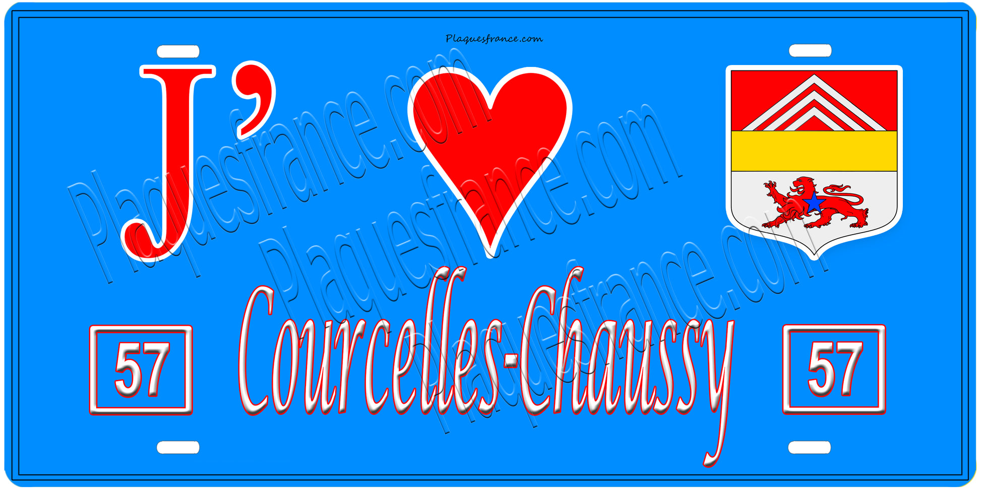 Plaque métal décorative, J'❤️Courcelles-Chaussy, Moselle, fond mur bleu 57