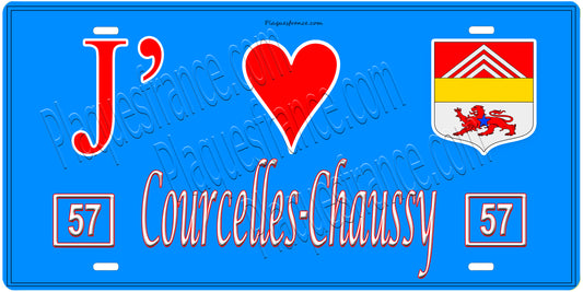 Plaque métal décorative, J'❤️Courcelles-Chaussy, Moselle, fond mur bleu 57