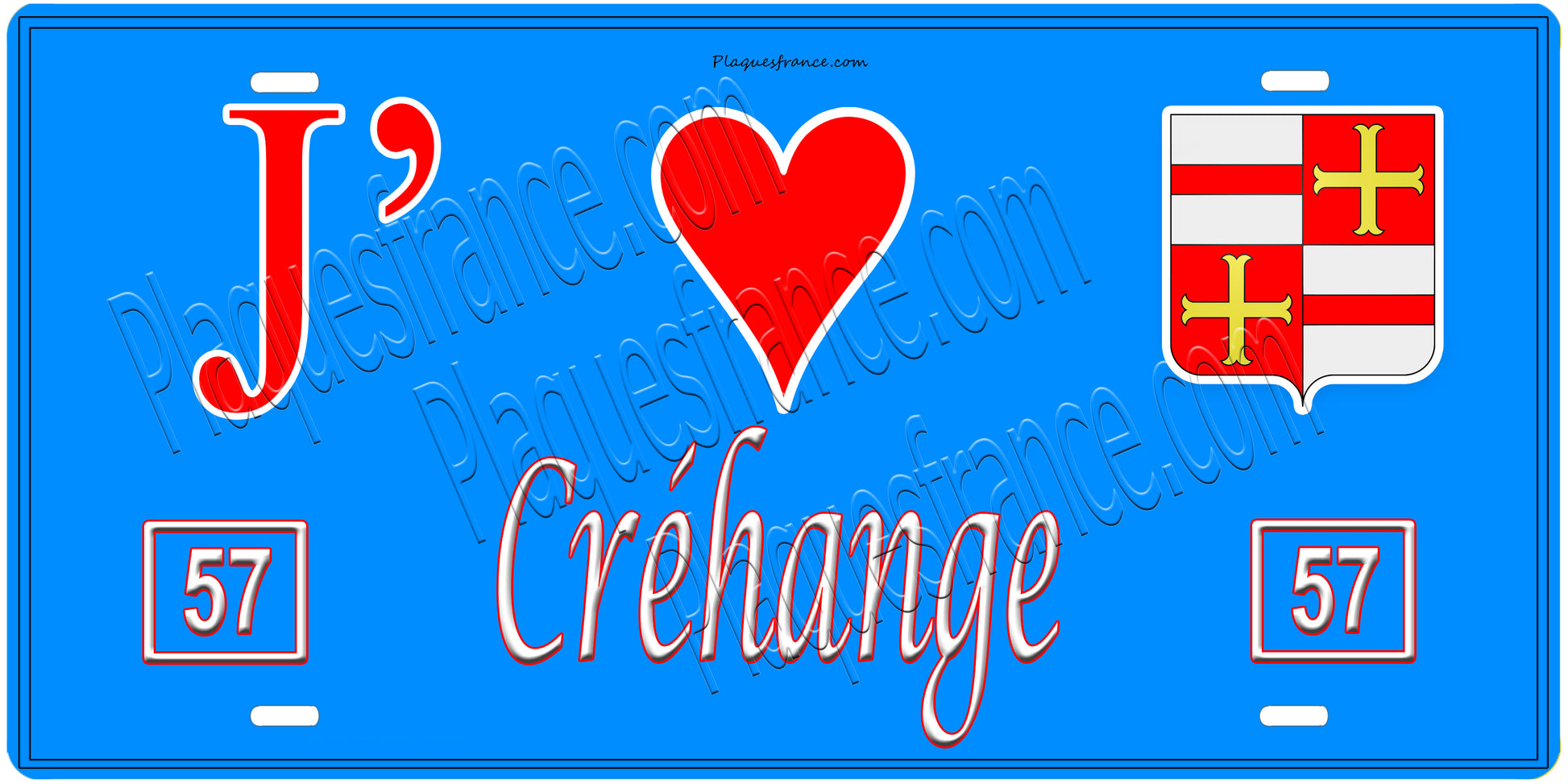 Plaque métal décorative, J'❤️Créhange, Moselle, fond mur bleu 57