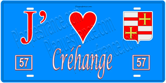 Plaque métal décorative, J'❤️Créhange, Moselle, fond mur bleu 57