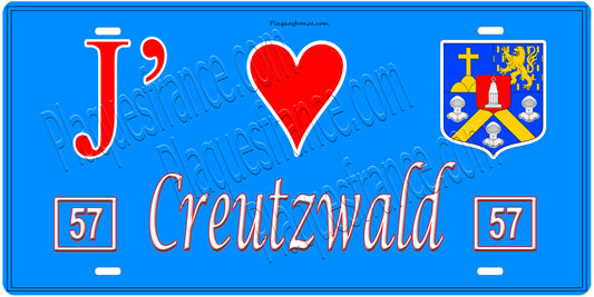 Plaque métal décorative, J'❤️ Creutzwald, Moselle, fond mur bleu 57