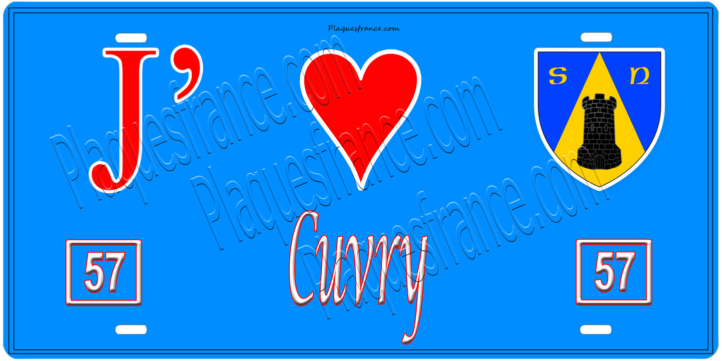 Plaque métal décorative, J'❤️ Cuvry, Moselle, fond mur bleu 57