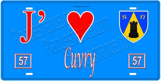 Plaque métal décorative, J'❤️ Cuvry, Moselle, fond mur bleu 57