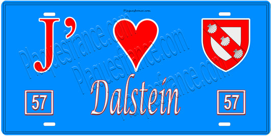 Plaque métal décorative, J'❤️ Dalstein, Moselle, fond mur bleu 57