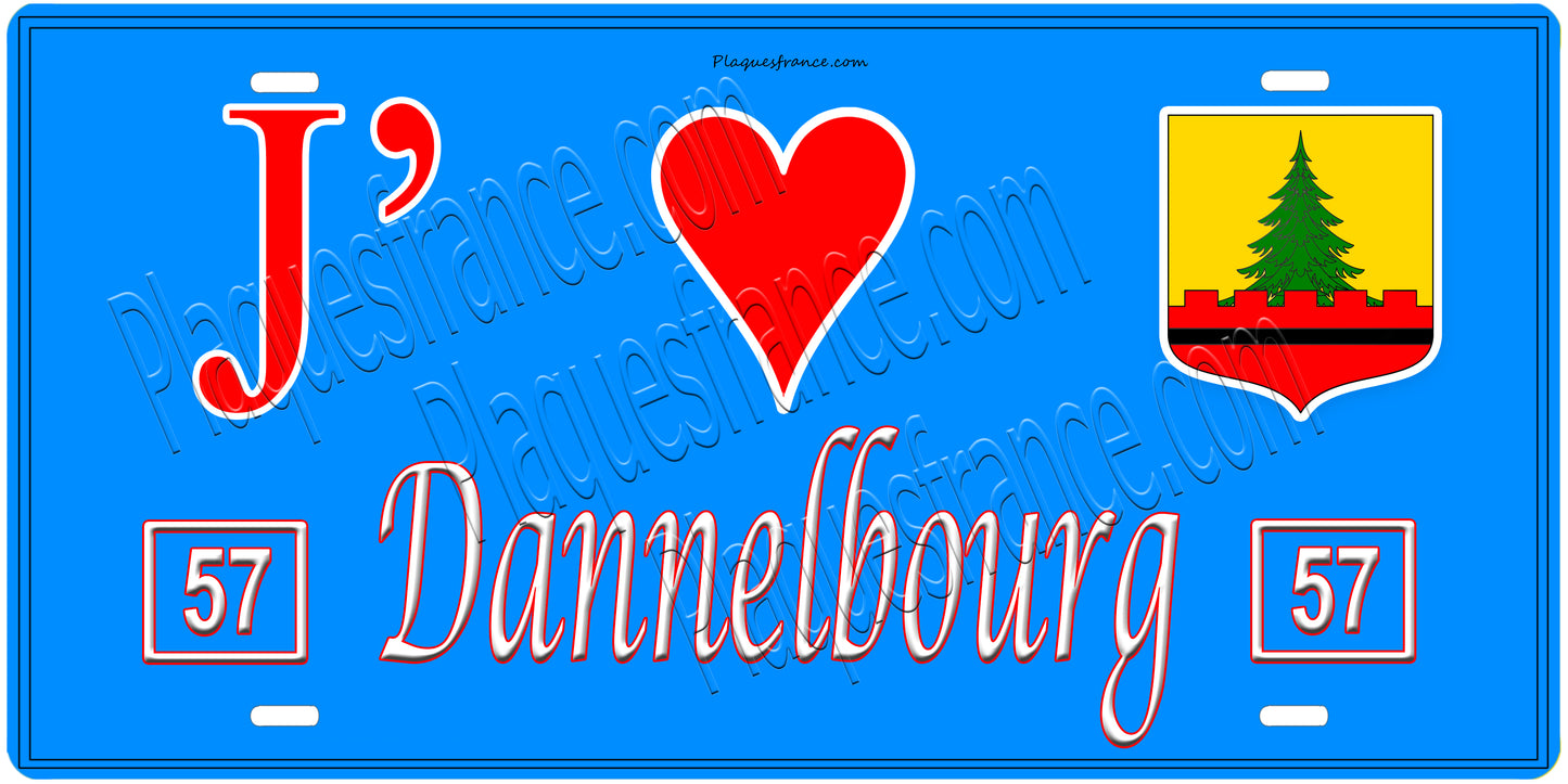 Plaque métal décorative, J'❤️Dannelbourg, Moselle, fond mur bleu 57