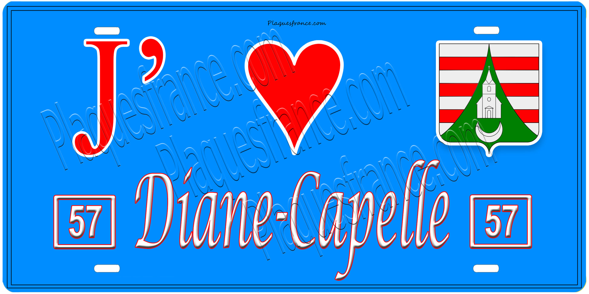 Plaque métal décorative, J'❤️Diane-Capelle, Moselle, fond mur bleu 57