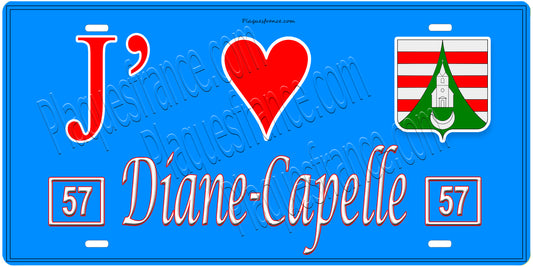 Plaque métal décorative, J'❤️Diane-Capelle, Moselle, fond mur bleu 57