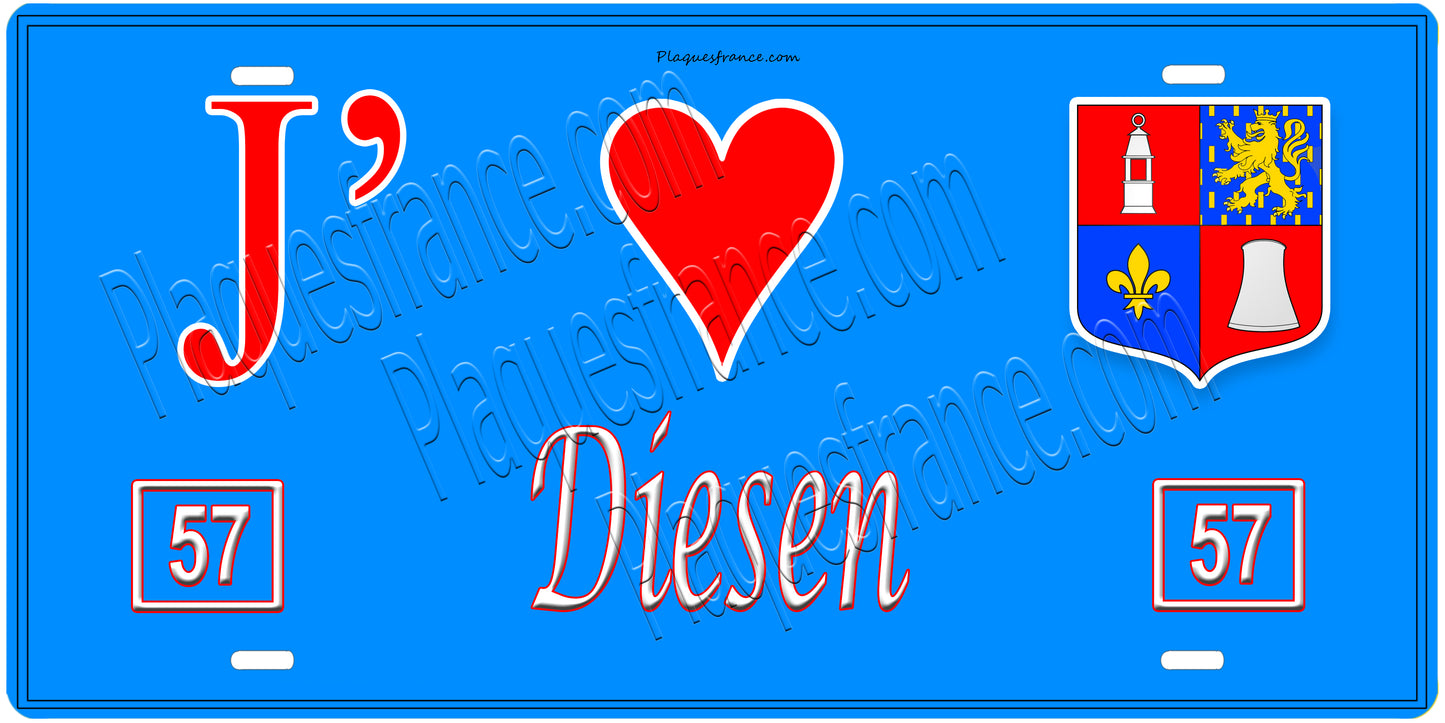 Plaque métal décorative, J'❤️Diesen, Moselle, fond mur bleu 57