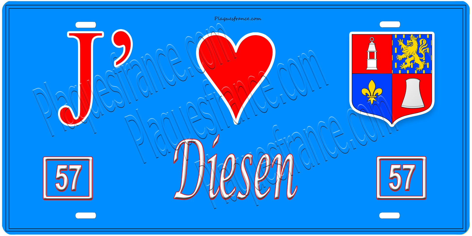 Plaque métal décorative, J'❤️Diesen, Moselle, fond mur bleu 57