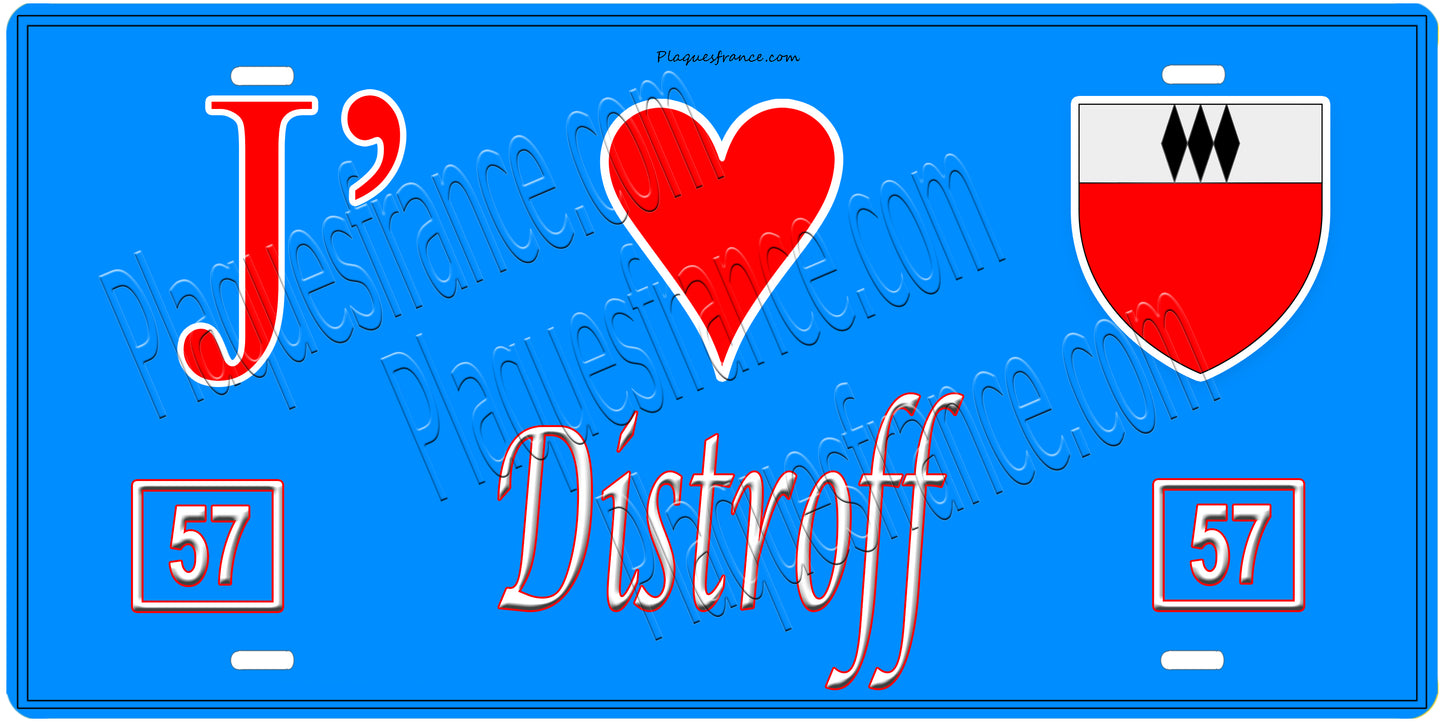 Plaque métal décorative, J'❤️Distroff, Moselle, fond mur bleu 57
