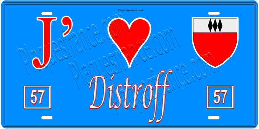 Plaque métal décorative, J'❤️Distroff, Moselle, fond mur bleu 57