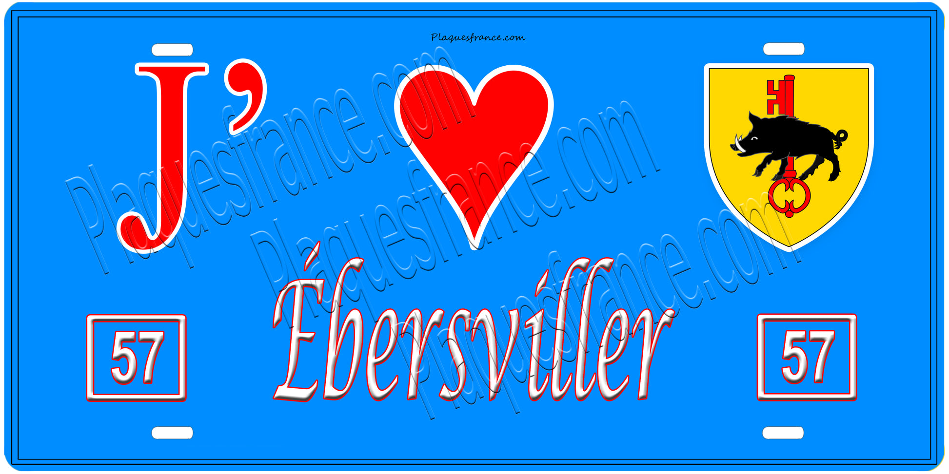 Plaque métal décorative, J'❤️ Ébersviller, Moselle, fond mur bleu 57