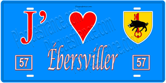 Plaque métal décorative, J'❤️ Ébersviller, Moselle, fond mur bleu 57
