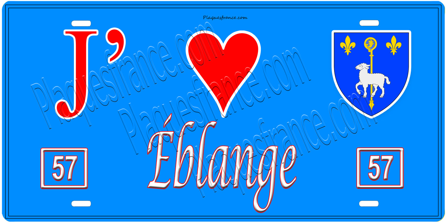Plaque métal décorative, J'❤️ Éblange, Moselle, fond mur bleu 57