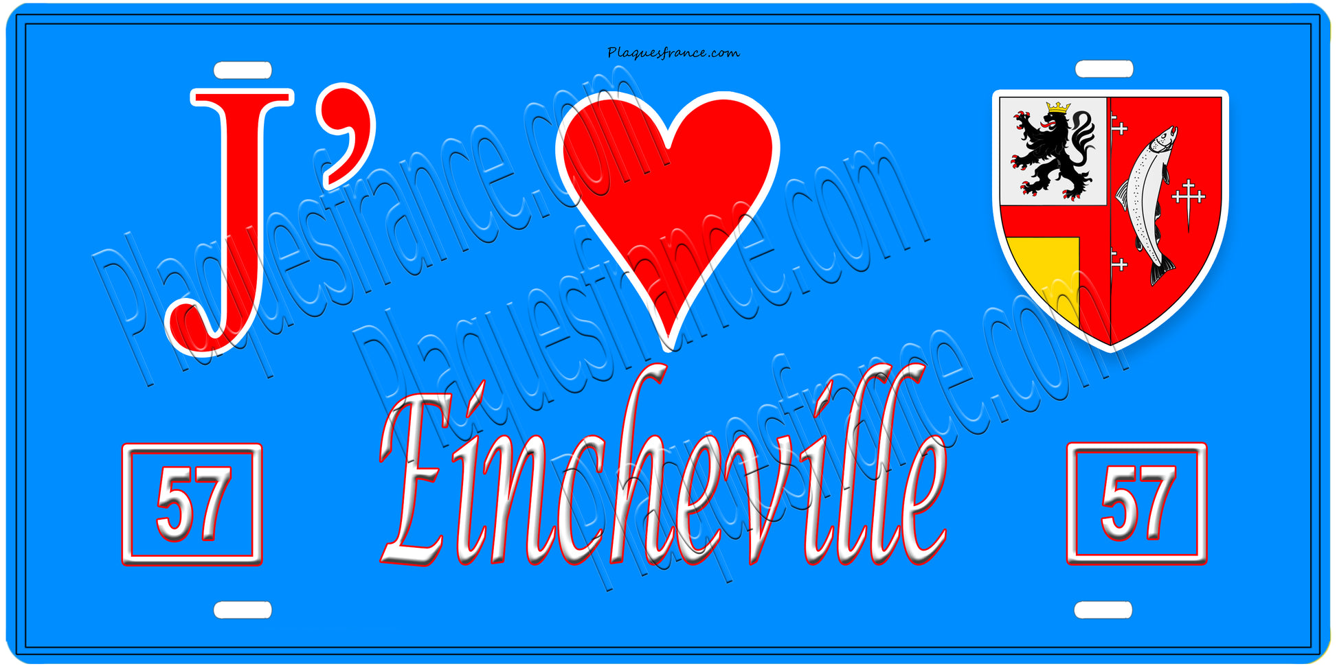 Plaque métal décorative, J'❤️Eincheville, Moselle, fond mur bleu 57