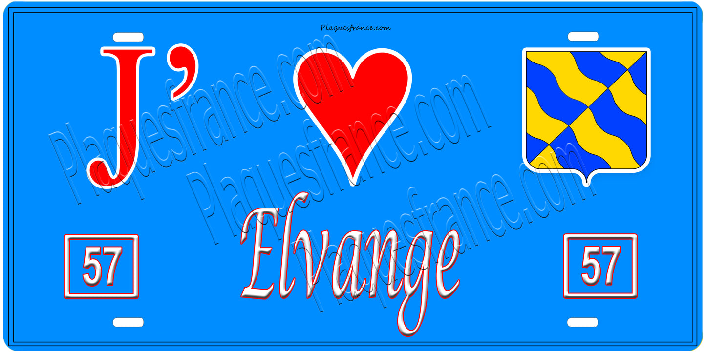 Plaque métal décorative, J'❤️Elvange, Moselle, fond mur bleu 57
