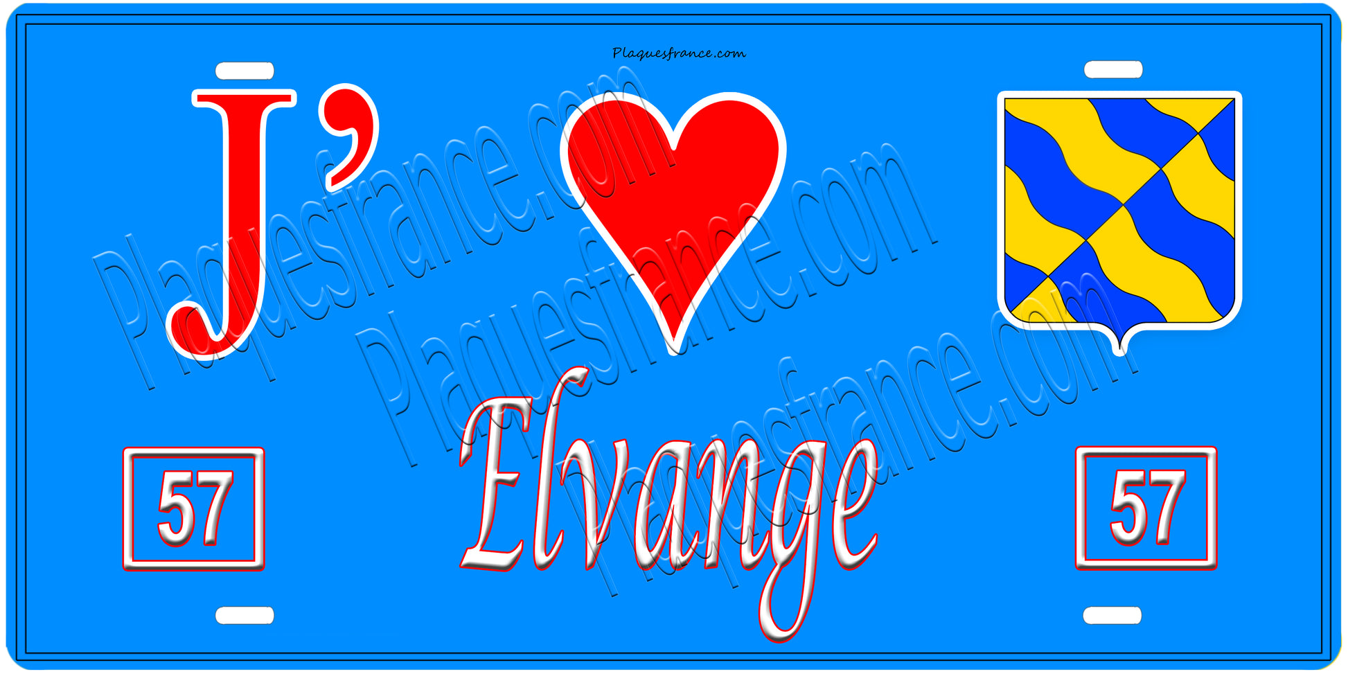 Plaque métal décorative, J'❤️Elvange, Moselle, fond mur bleu 57