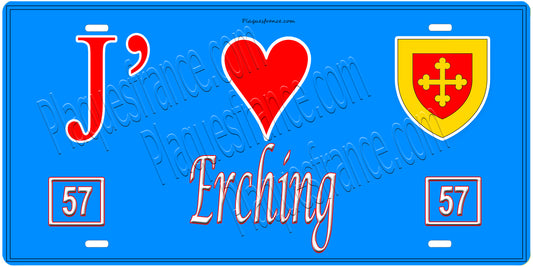 Plaque métal décorative, J' ❤️Erching, Moselle, fond  mur bleu 57