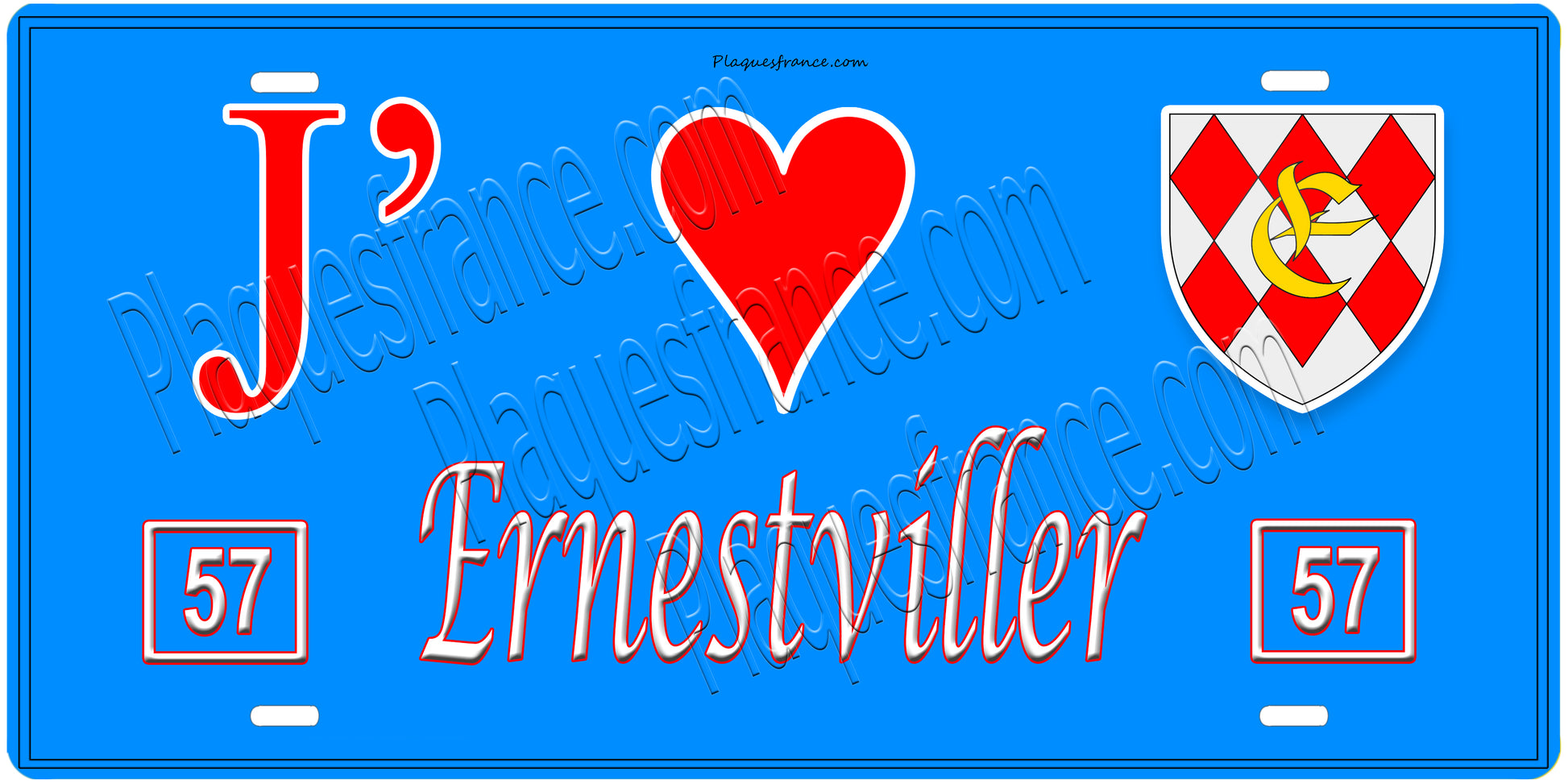 Plaque métal décorative, J'❤️Ernestviller, Moselle, fond mur bleu 57
