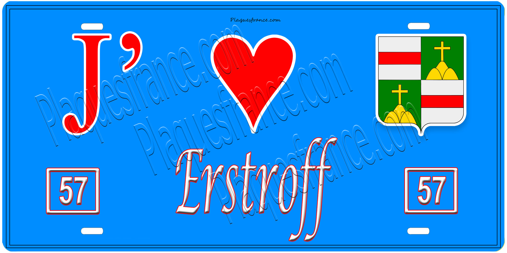 Plaque métal décorative, J'❤️Erstroff, Moselle, fond mur bleu 57