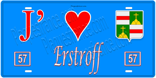 Plaque métal décorative, J'❤️Erstroff, Moselle, fond mur bleu 57