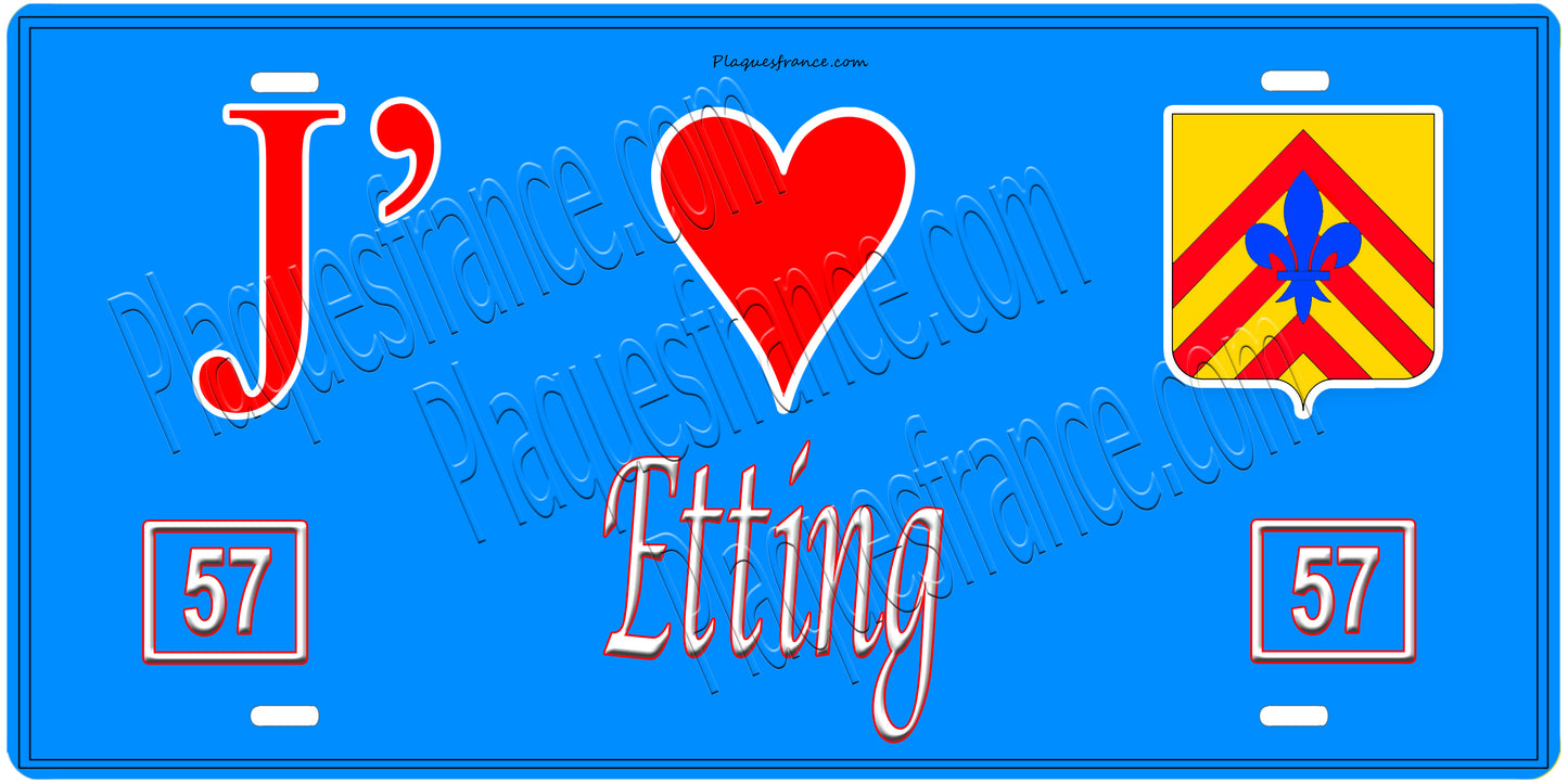 Plaque métal décorative, J'❤️ Etting, Moselle, fond mur bleu 57