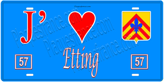 Plaque métal décorative, J'❤️ Etting, Moselle, fond mur bleu 57