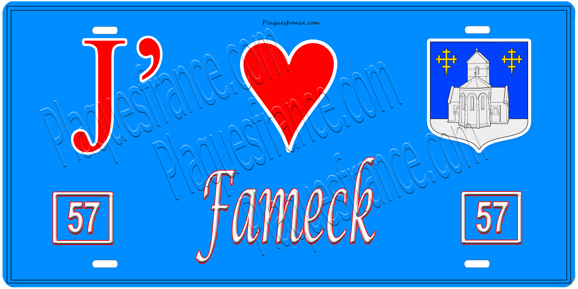 Plaque métal décorative, J'❤️ Fameck, Moselle, fond mur bleu 57