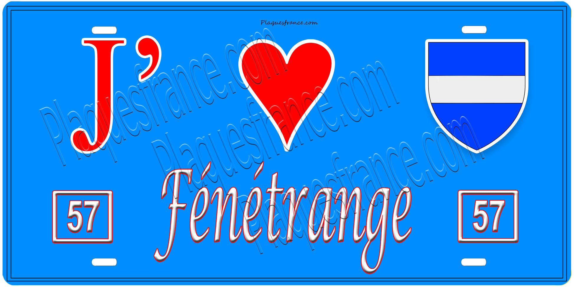 Plaque métal décorative, J'❤️Fénétrange, Moselle, fond mur bleu 57