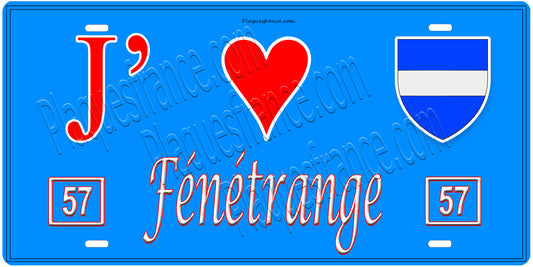 Plaque métal décorative, J'❤️Fénétrange, Moselle, fond mur bleu 57